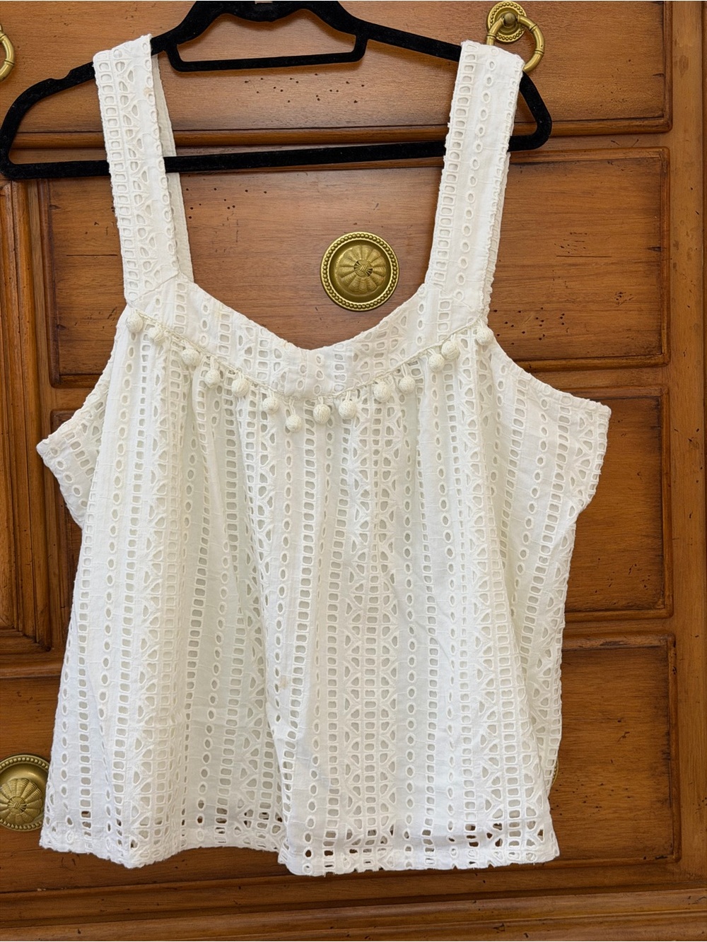 Sundance White Eyelet Tank Top with Pom Trim - Women's Casual Summer Top